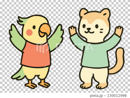Parakeet and ferret cheering 130012996