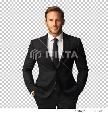 Confident man in black suit and tie with hands in pockets, showcasing professionalism and style 130013050