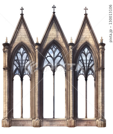 Beautiful gothic style architecture with intricate arches and detailed stonework isolated on a white background 130013106