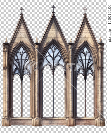 Beautiful gothic style architecture with intricate arches and detailed stonework isolated on a white background 130013106