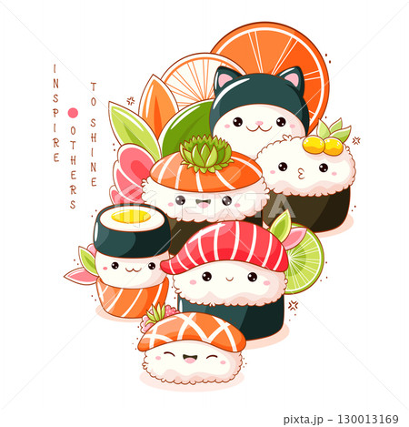 Stack of cute sushi and rolls in kawaii style with smiling faces. Japanese traditional cuisine dishes. Can be used for t-shirt print, sticker, greeting card, menu design. Vector illustration EPS8 130013169