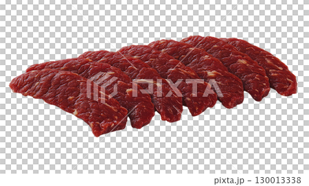 Fresh cuts of red meat arranged neatly for preparation or presentation in a culinary setting 130013338