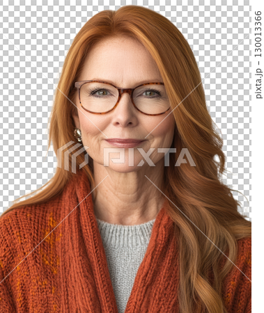 Portrait of a confident older woman with red hair and glasses, wearing a cozy sweater against a plain background Portrait of a confident older woman with red hair and glasses, wearing a cozy sweater against a plain background 130013366
