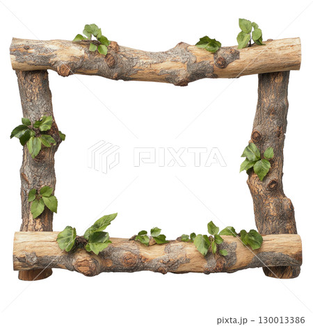 Natural wood frame adorned with green leaves showcasing rustic beauty for decor or photography 130013386