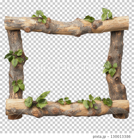 Natural wood frame adorned with green leaves showcasing rustic beauty for decor or photography 130013386