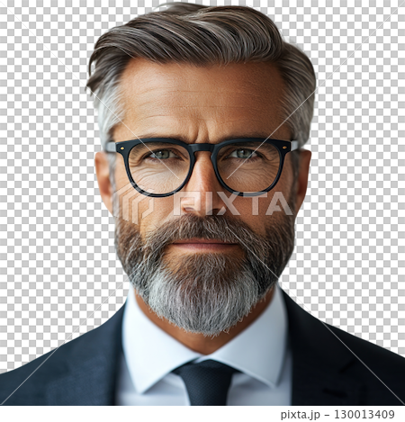 Business professional with gray hair and glasses in a formal suit on plain isolated background Business professional with gray hair and glasses in a formal suit on plain isolated background 130013409