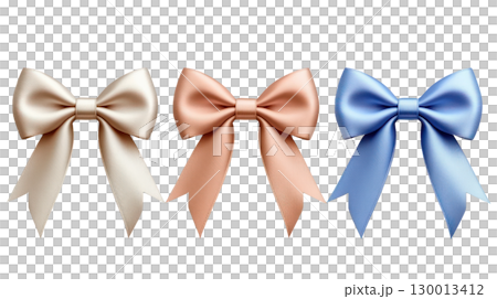 Elegant collection of isolated satin bows in cream, peach, and blue colors for decorative purposes 130013412