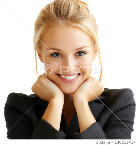 Smiling young woman with blonde hair in a black blazer showcasing happiness and confidence Smiling young woman with blonde hair in a black blazer showcasing happiness and confidence 130013417
