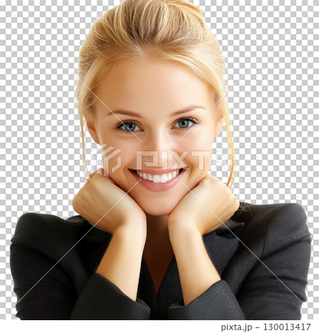 Smiling young woman with blonde hair in a black blazer showcasing happiness and confidence Smiling young woman with blonde hair in a black blazer showcasing happiness and confidence 130013417