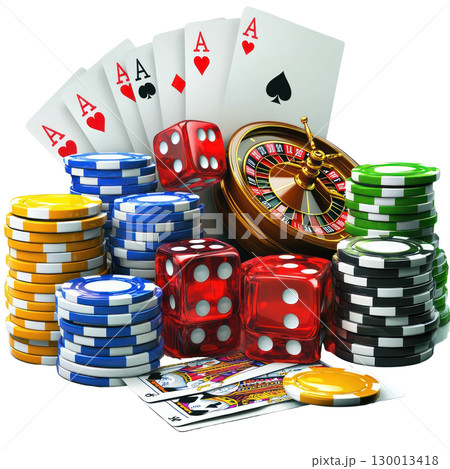 Exciting gambling scene with playing cards, dice, and roulette at a casino tabletop setup 130013418