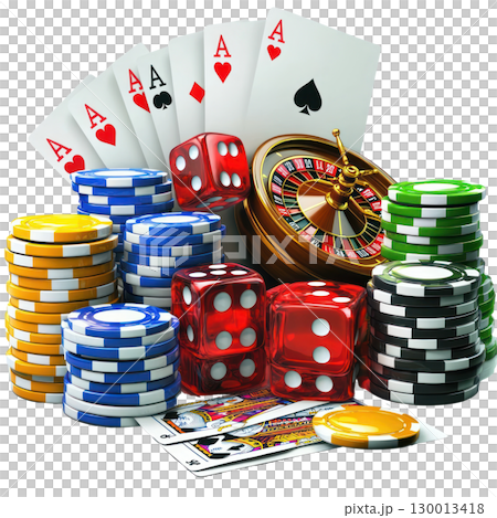 Exciting gambling scene with playing cards, dice, and roulette at a casino tabletop setup 130013418