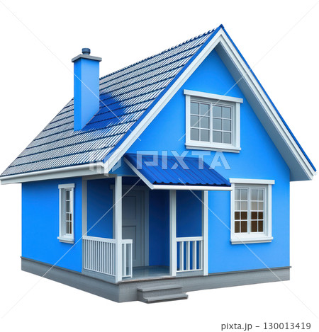 Simple blue house with a porch and sloped roof surrounded by a clean environment 130013419