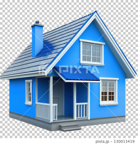 Simple blue house with a porch and sloped roof surrounded by a clean environment 130013419