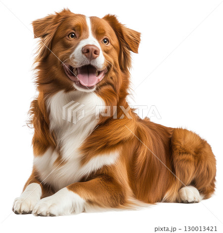 Friendly brown and white dog lying comfortably in an isolated setting, showing joy and warmth with a happy expression 130013421