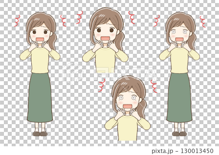 A woman in a long skirt has a surprised expression 130013450