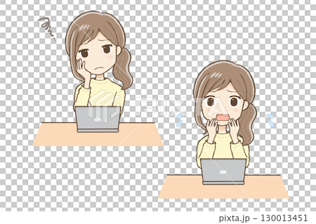 黄色い服の女性がパソコン前で考えたり焦ったりしている 130013451