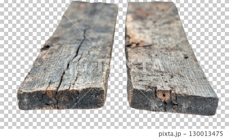 Two weathered wooden planks isolated on a white background showcasing texture and natural imperfections 130013475