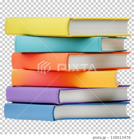 Stacked colorful hardcover books on a white background showcasing bright hues and clean designs 130013476