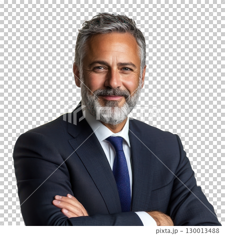 Professional man in suit poses confidently with arms crossed against white background Professional man in suit poses confidently with arms crossed against white background 130013488