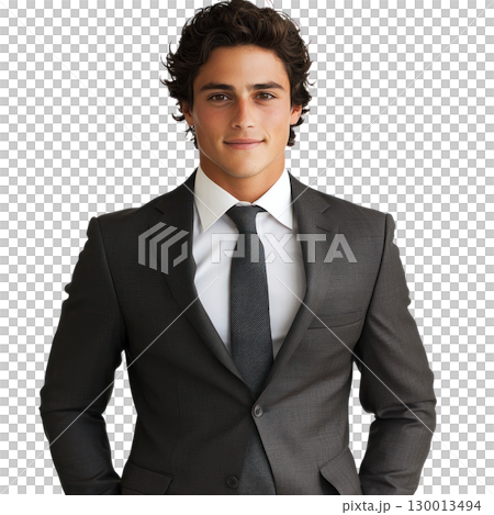 Confident young man in a formal suit standing with a slight smile against a plain background 130013494