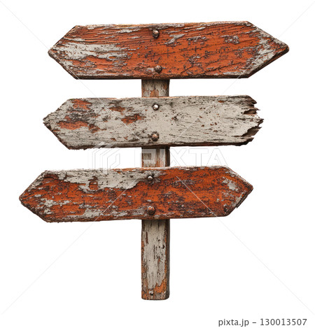 Old rustic wooden signpost with three directional arrows in weathered condition isolated on white background 130013507