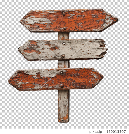 Old rustic wooden signpost with three directional arrows in weathered condition isolated on white background 130013507