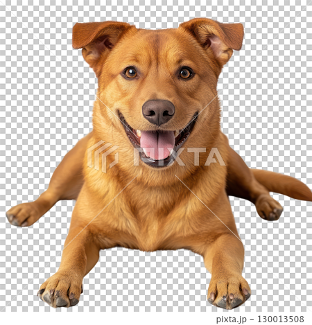 Happy brown dog lying down with a cheerful expression in an isolated setting 130013508