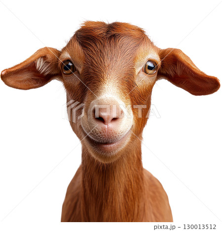 Smiling brown goat with expressive eyes posing against a plain backdrop 130013512