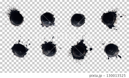 Isolated black paint splatters on a white background in various sizes and shapes for creative design purposes 130013525