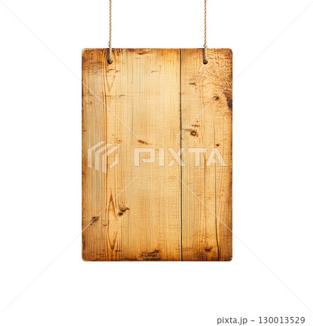 Rustic wooden sign hanging on a rope with a plain background for decoration or display Rustic wooden sign hanging on a rope with a plain background for decoration or display 130013529