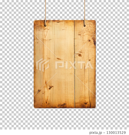 Rustic wooden sign hanging on a rope with a plain background for decoration or display Rustic wooden sign hanging on a rope with a plain background for decoration or display 130013529