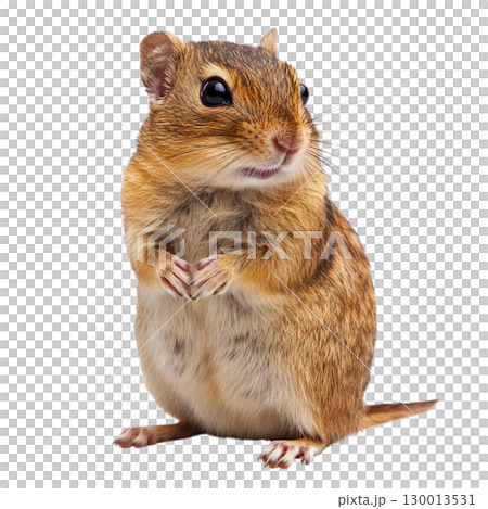 Curious small rodent stands upright with a friendly expression in a clean, isolated setting 130013531