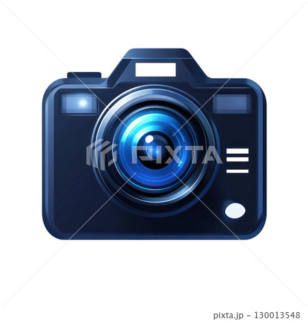 Modern camera design with blue lens isolated on white background for creative projects 130013548