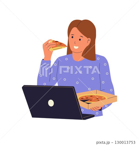 Woman Working While Eating Pizza Illustration 130013753