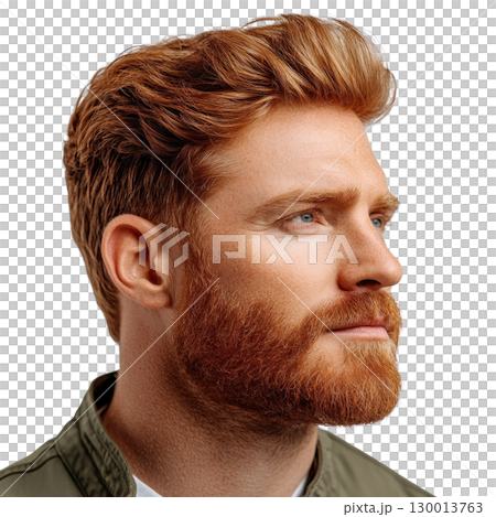 Profile view of a man with red hair and beard showcasing a confident expression against a white background Profile view of a man with red hair and beard showcasing a confident expression against a white background 130013763