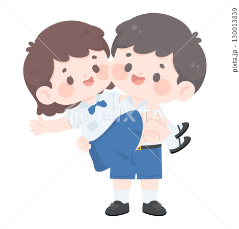 Cartoon of Boy Carrying Girl in Uniform 130013839