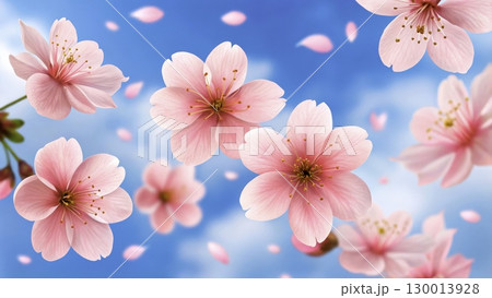 Blossoming cherry blossoms under a clear blue sky during springtime with floating petals in the air 130013928