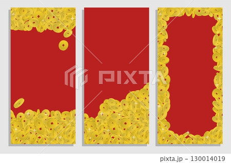 Set of vertical flyers with gold coins scattered on red velvet background. Templates for party invitation, banners, brochures print. Red gold vector Set of vertical flyers with gold coins scattered on red velvet background. Templates for party invitation, banners, brochures print. Red gold vector 130014019