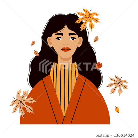 Pretty Woman with Autumn Leaves. Female Autumnal Portrait fair-skinned brunette with long hair. Vector illustration. Not AI. 130014024