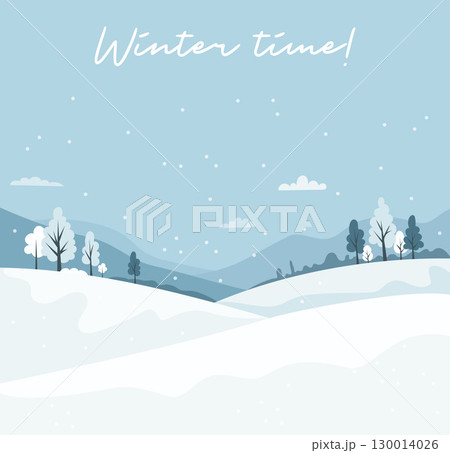Winter Mountain Snow landscape poster. Seasonal Nature with White Trees and Hills. Minimal winter-time background square banner. Vector illustration. Not AI 130014026