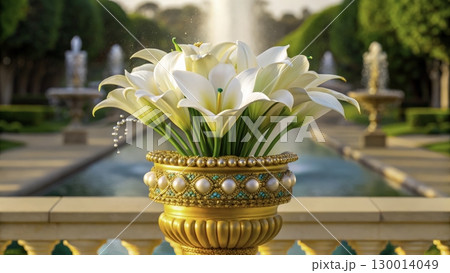 Beautiful decorative vase with white flowers in a garden setting during golden hour 130014049