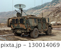 Military armored vehicle with satellite communication system in mountains. 130014069