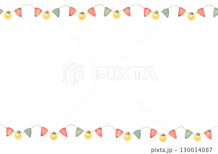 Horizontal bright frame with bunting flags and string lights. Hand-painted watercolor illustration of border template perfect for invitations, announcements, greeting cards, festive designs, posters Horizontal bright frame with bunting flags and string lights. Hand-painted watercolor illustration of border template perfect for invitations, announcements, greeting cards, festive designs, posters 130014087