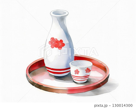 梅模様の徳利とお猪口が赤い丸盆に乗った和風構図｜徳利,お猪口,日本酒,桜模様,赤,丸盆 130014300