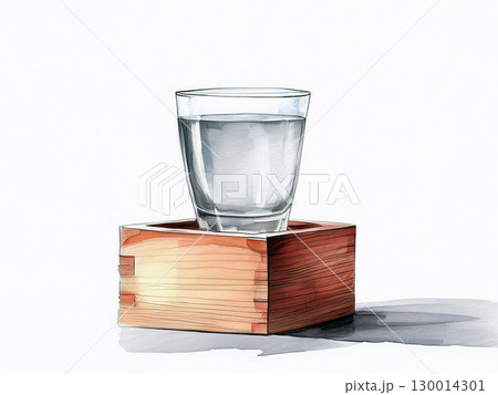 枡に注がれた日本酒グラスの水彩風イラスト｜日本酒,枡酒,グラス,和風,酒,伝統 130014301