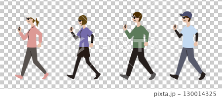 Illustration set of men and women wearing sunglasses and walking Illustration set of men and women wearing sunglasses and walking 130014325