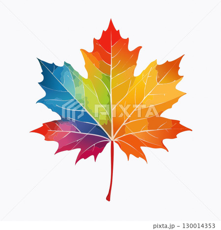 虹色をした秋の紅葉した楓の葉っぱ　水彩画風 130014353