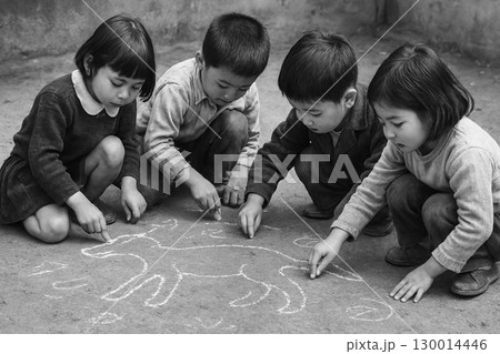 昭和の情景　地面に絵を描く子供たち 130014446