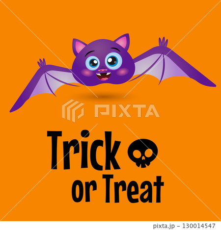 Trick or Treat Halloween text with cute funny bat on orange background. 130014547