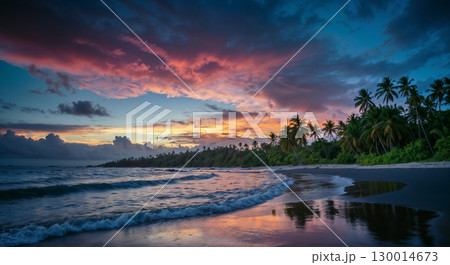 Landscape of tropical beach with beautiful sunset over Pacific Ocean with palm trees, calm waves, enchanting atmosphere, coconuts, colorful sky, photorealistic 130014673